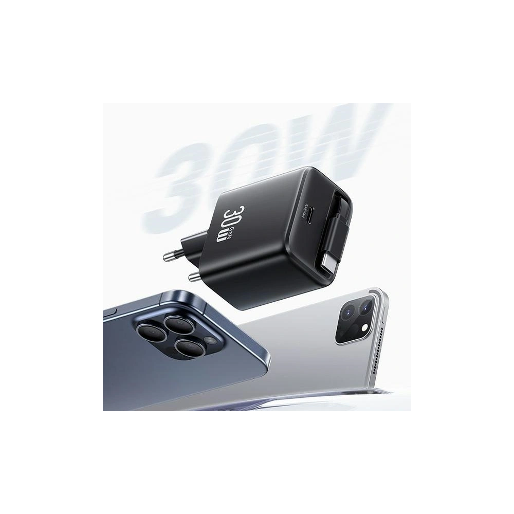 Hurtownia GSM - USAMS USB-C Fali Töltő + kihúzható USB-C kábel PD+QC 30W Gan Gyors Töltés fekete YC Sorozat - USA1173 - {ean13} - Hurt