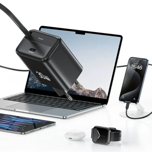 Ładowarka sieciowa USAMS USB-C + zwijany kabel USB-C PD+QC 30W Gan Fast Charging czarny YC Series - Sieciowe - Usams