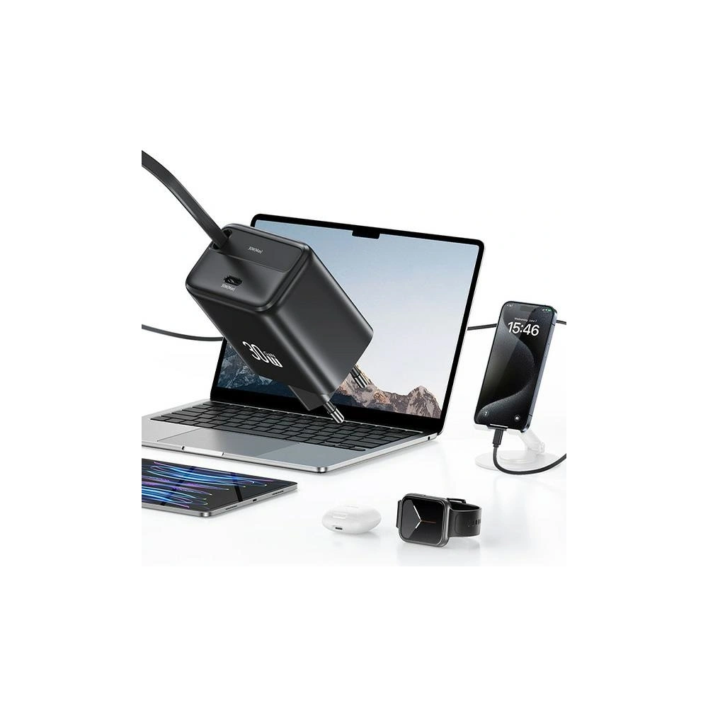 Hurtownia GSM - USAMS USB-C nástěnná nabíječka + zatahovací USB-C kabel PD+QC 30W Gan rychlé nabíjení černá YC série - USA1173 - {ean13} - Hurt