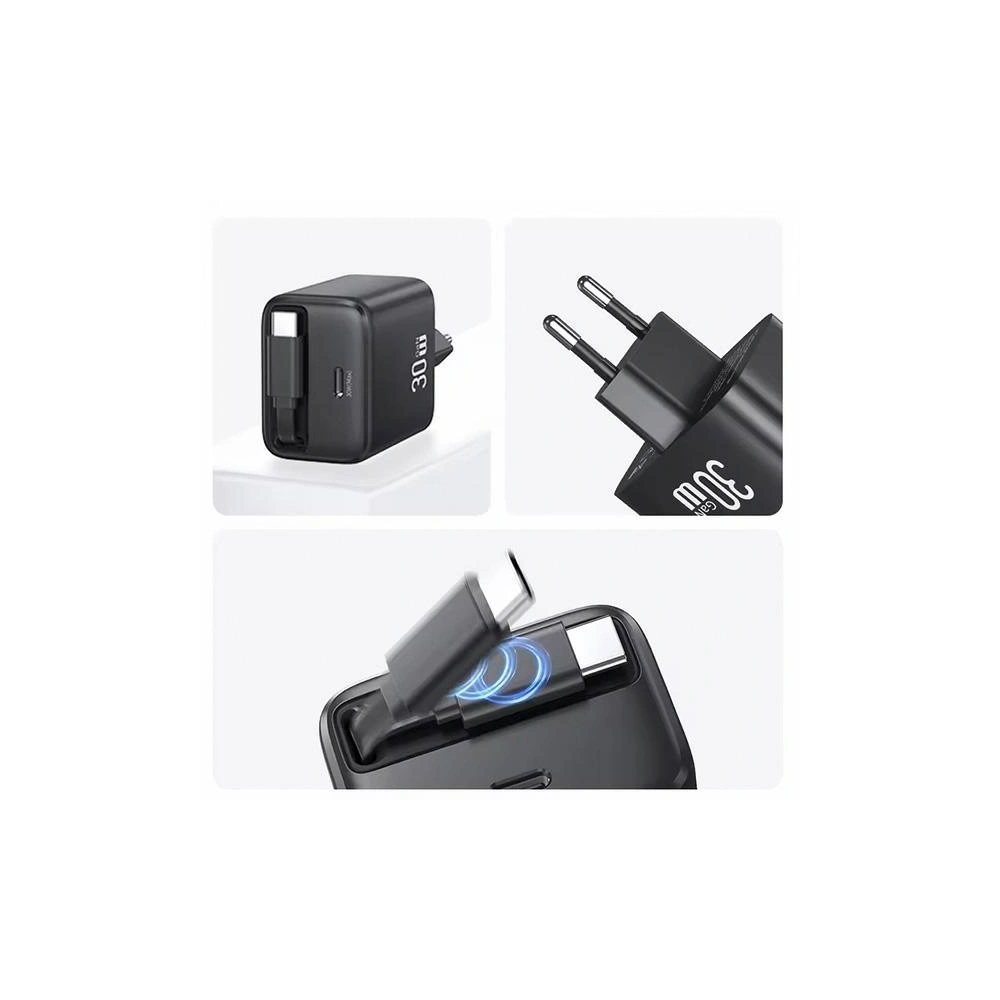 Hurtownia GSM - USAMS USB-C Fali Töltő + kihúzható USB-C kábel PD+QC 30W Gan Gyors Töltés fekete YC Sorozat - USA1173 - {ean13} - Hurt