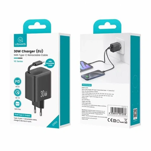 Ładowarka sieciowa USAMS USB-C + zwijany kabel USB-C PD+QC 30W Gan Fast Charging czarny YC Series - Sieciowe - Usams