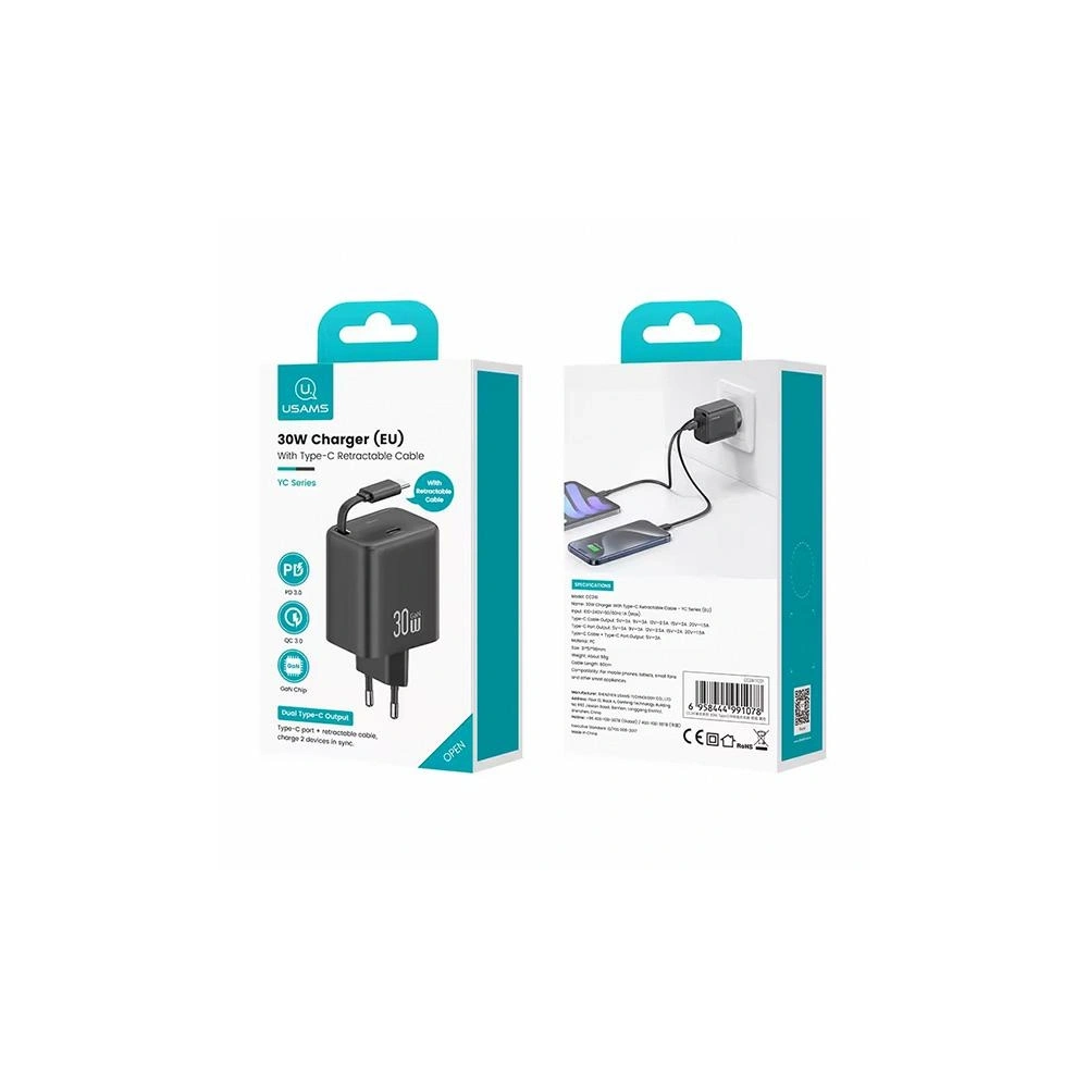 Hurtownia GSM - USAMS USB-C Fali Töltő + kihúzható USB-C kábel PD+QC 30W Gan Gyors Töltés fekete YC Sorozat - USA1173 - {ean13} - Hurt