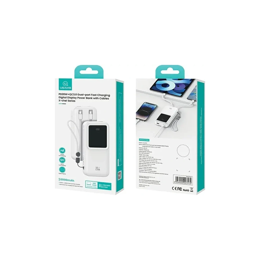 Hurtownia GSM - Bancă de putere USAMS cu cabluri integrate USB-C + Lightning 30000mAh 20W PD+QC 3.0 Încărcare rapidă Seria X-chel neagră - USA1175 - {ean13} - Hurt