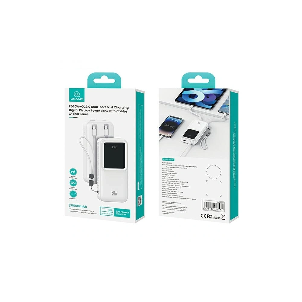 Hurtownia GSM - USAMS Powerbank beépített USB-C + Lightning kábelekkel 30000mAh 20W PD+QC 3.0 Gyors Töltés X-chel Sorozat lila - USA1176 - {ean13} - Hurt