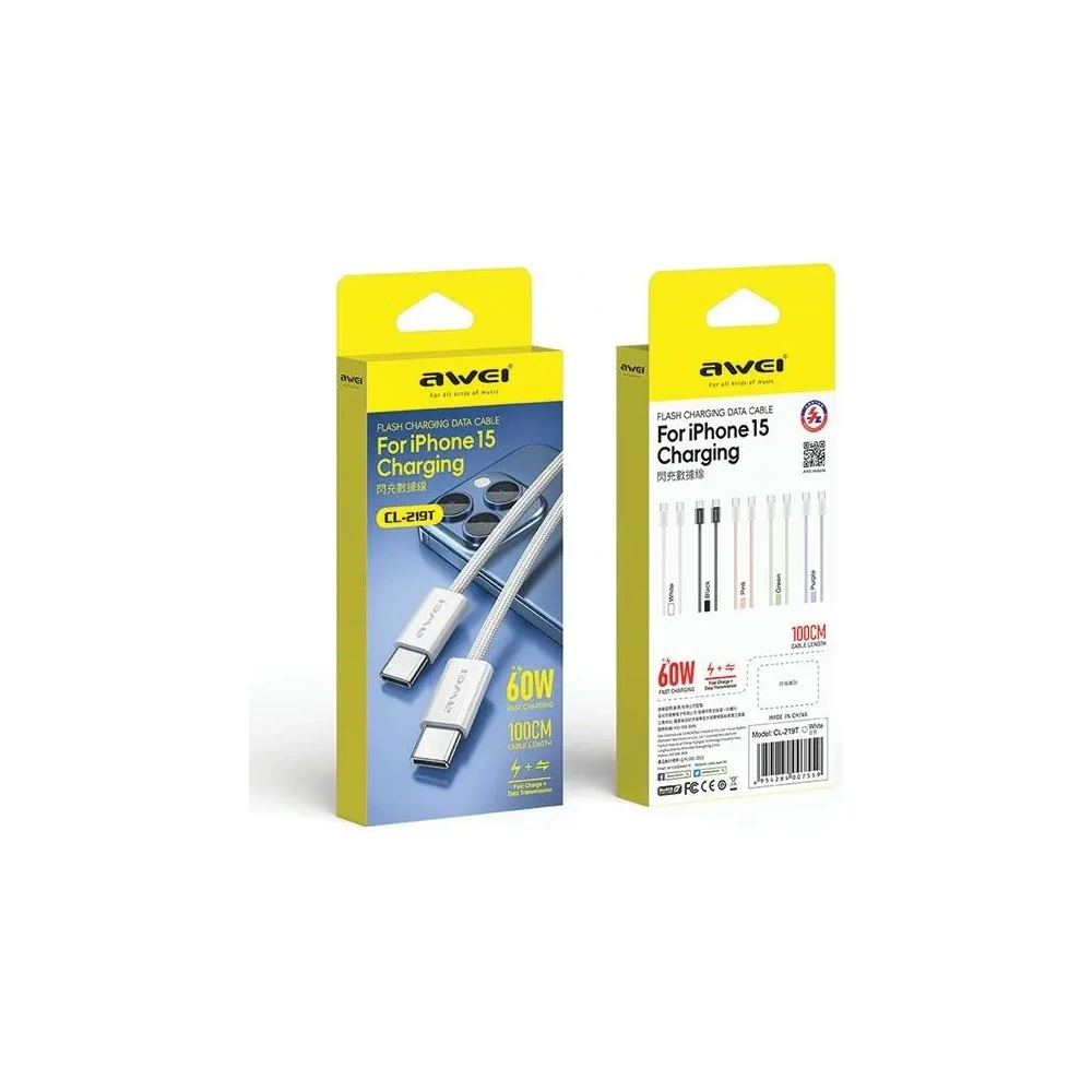 Hurtownia GSM - AWEI CL-219T USB-C / USB-C kabel 60W 1m kompatibilní s iPhone 15 bílý - AWEI219 - {ean13} - Hurt