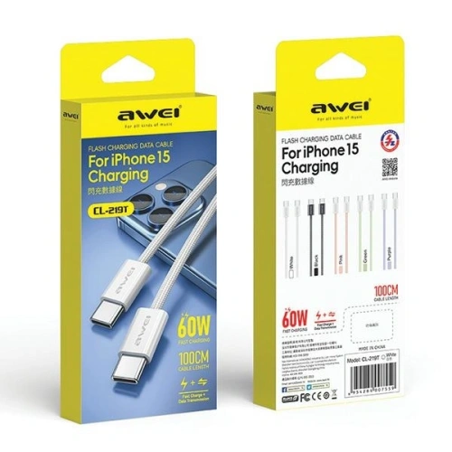 Kabel AWEI CL-219T USB-C / USB-C 60W 1m kompatybilny z iPhone 15 czarny - USB-C - USB-C - Awei