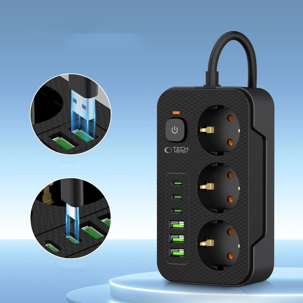 Hurtownia GSM - Tech-Protect PC3X6 Áramellátó 3xUSB-A, 3xUSB-C, 3xAC 200cm Fekete - THP3154 - {ean13} - Hurt