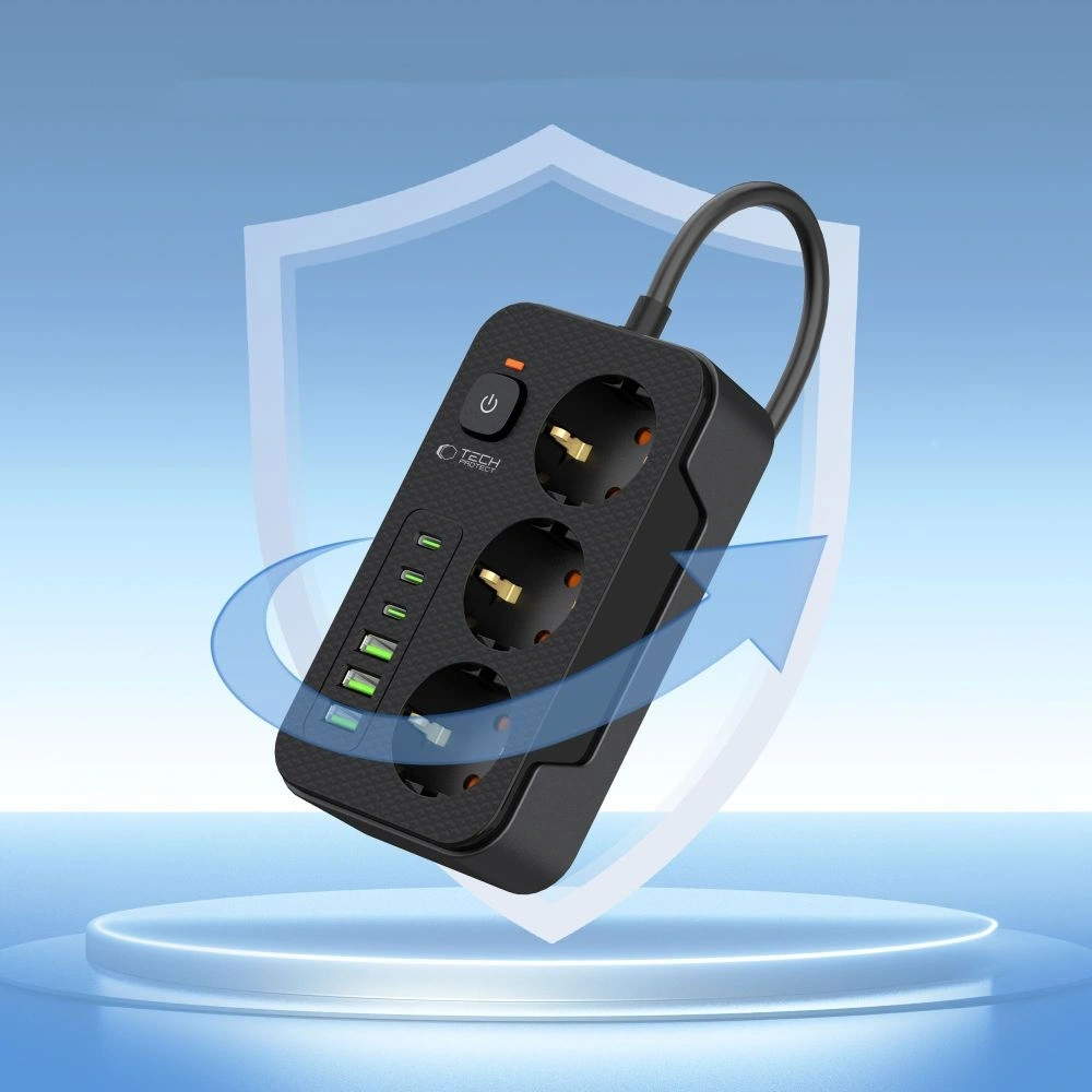 Hurtownia GSM - Tech-Protect PC3X6 Áramellátó 3xUSB-A, 3xUSB-C, 3xAC 200cm Fekete - THP3154 - {ean13} - Hurt
