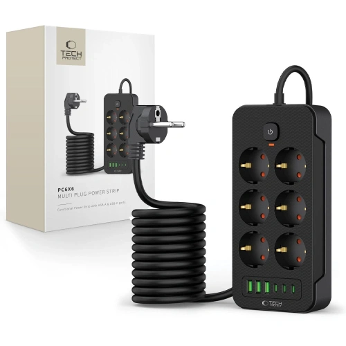 Listwa zasilająca Tech-Protect PC6X6 Power Strip 3xUSB-A, 3xUSB-C, 6xAC 200cm Black - Listwy zasilające - Tech-Protect