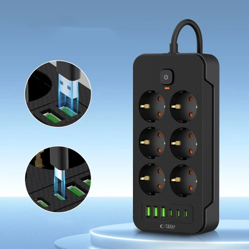 Listwa zasilająca Tech-Protect PC6X6 Power Strip 3xUSB-A, 3xUSB-C, 6xAC 200cm Black - Listwy zasilające - Tech-Protect