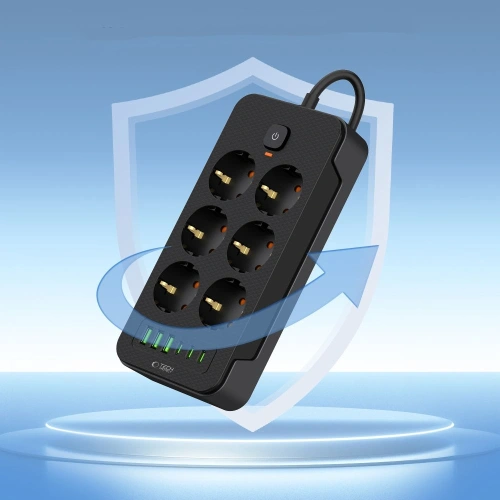 Listwa zasilająca Tech-Protect PC6X6 Power Strip 3xUSB-A, 3xUSB-C, 6xAC 200cm Black - Listwy zasilające - Tech-Protect