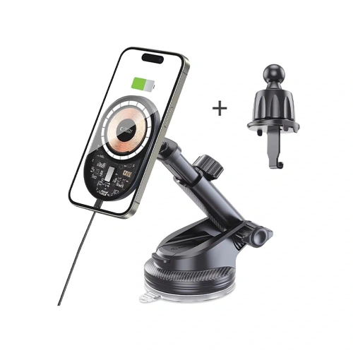 Uchwyt samochodowy do kratki / na szybę / na kokpit z ładowarką 15W Tech-Protect MM15W-V6 Magnetic MagSafe Dashboard & Vent Car Mount Black - na kokpit / szybę - Tech-Protect