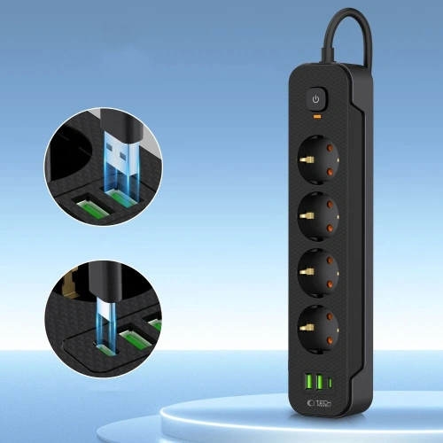Listwa zasilająca Tech-Protect PCL4X3 Power Socket Long 2xUSB-A, USB-C, 4xAC 200cm Black - Listwy zasilające - Tech-Protect
