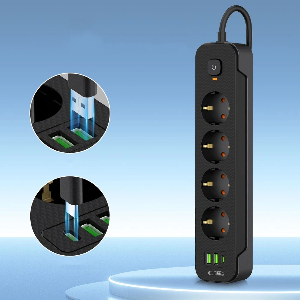 Hurtownia GSM - Tech-Protect Priză PCL4X3 Lungă 2xUSB-A, USB-C, 4xAC 200cm Neagră - THP3160 - {ean13} - Hurt