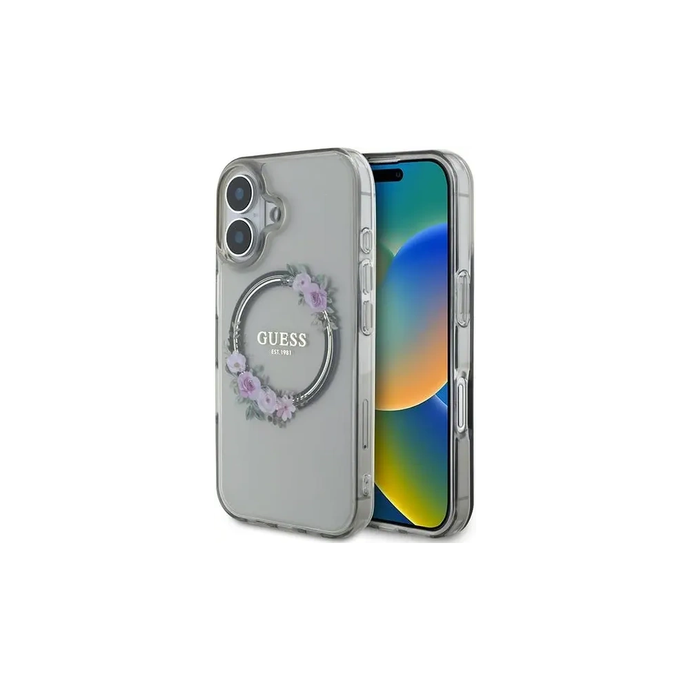 Guess GUHMP16SHFWFCK Apple iPhone 16 kemény tok IML Virágkoszorú MagSafe fekete - iPhone 16 - Guess