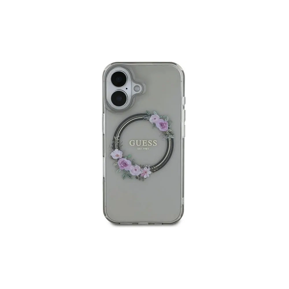 Guess GUHMP16SHFWFCK Apple iPhone 16 Hardcase IML Blumenkranz MagSafe schwarz - iPhone 16 - Guess