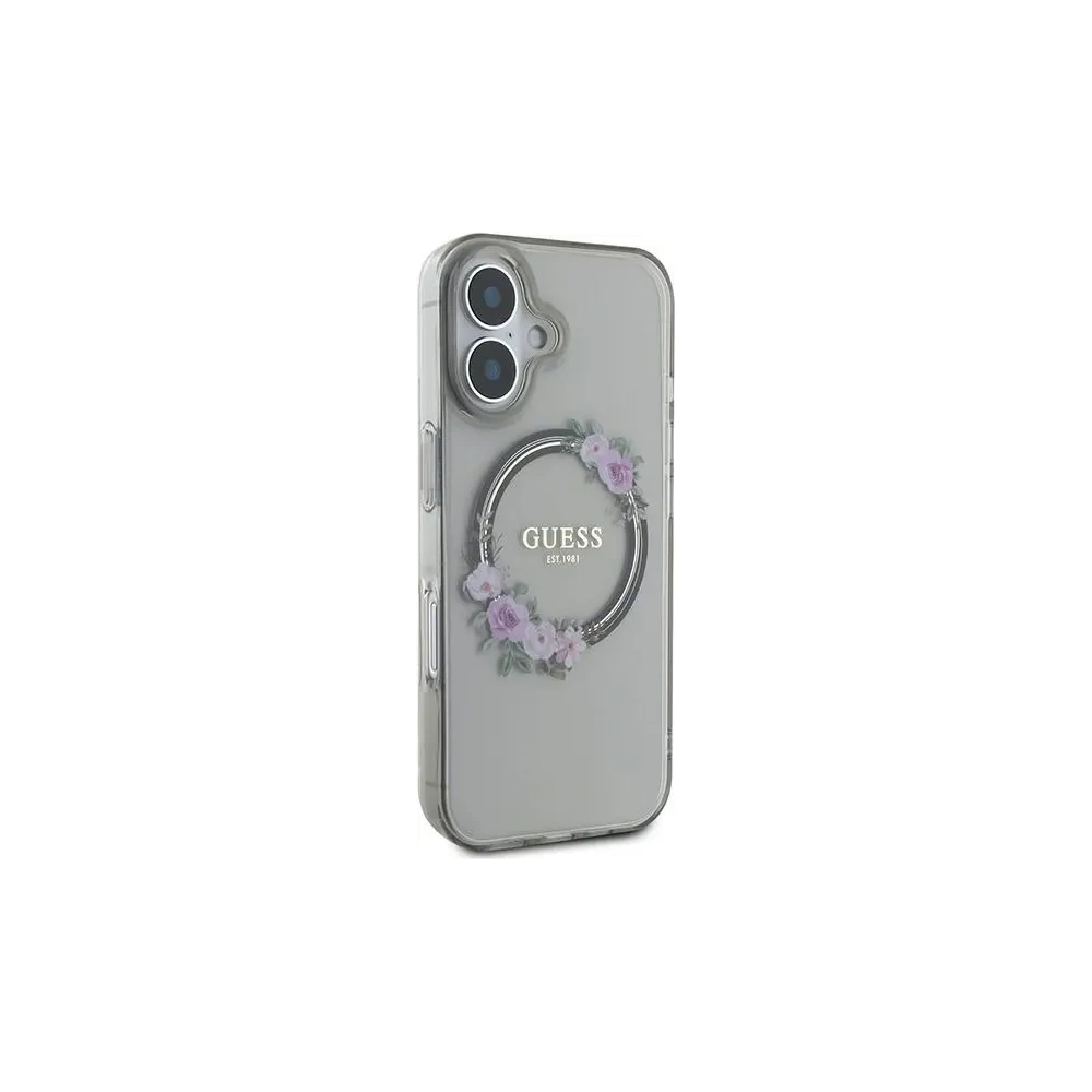 Guess GUHMP16SHFWFCK Apple iPhone 16 kemény tok IML Virágkoszorú MagSafe fekete - iPhone 16 - Guess
