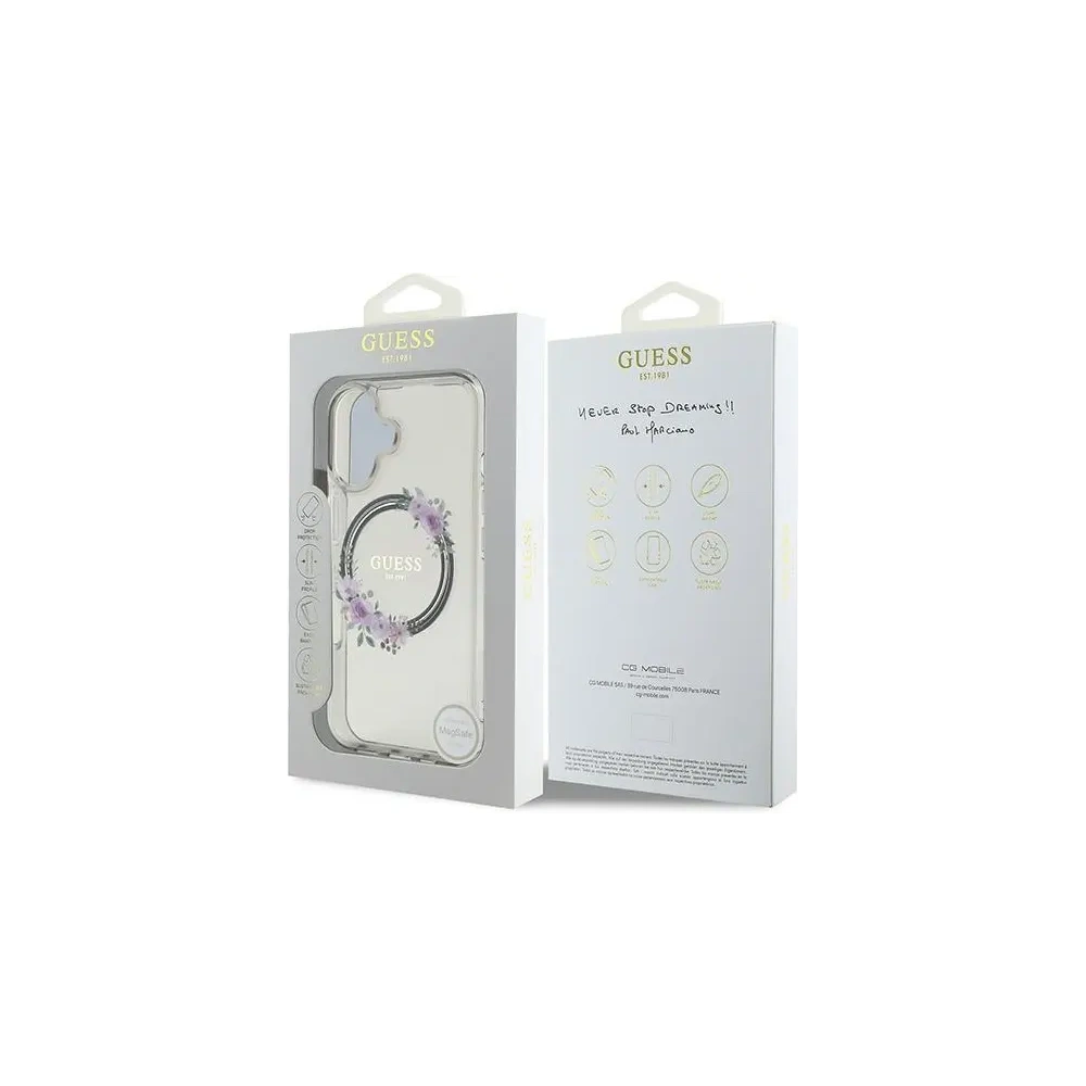 Guess GUHMP16SHFWFCK Apple iPhone 16 kemény tok IML Virágkoszorú MagSafe fekete - iPhone 16 - Guess