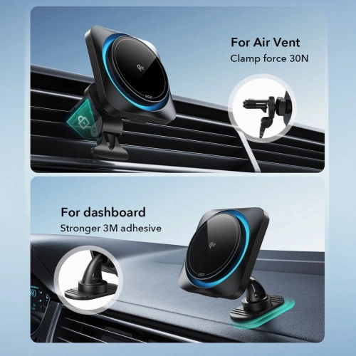 Uchwyt samochodowy do kratki / na szybę / na kokpit z ESR Halolock Cryoboost Magnetic MagSafe Dashboard & Vent Car Mount Wireless Charger QI2 15W Frosted Onyx