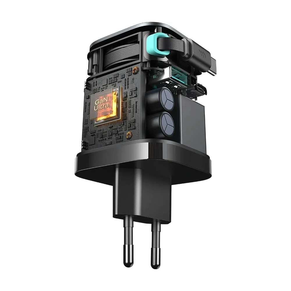 Hurtownia GSM - Ładowarka sieciowa GaN Joyroom JR-TCL02 65W USB-A, USB-C z wbudowanym kablem USB-C czarna - JYR1042 - {ean13} - Hurt