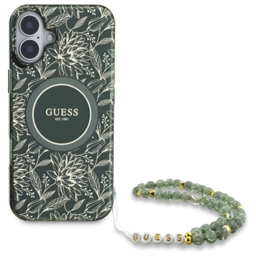 Etui Guess GUHMP16MHCPOFPA Apple iPhone 16 Plus hardcase IML Flowers Allover Electro With Pearl Strap MagSafe zielony/green
