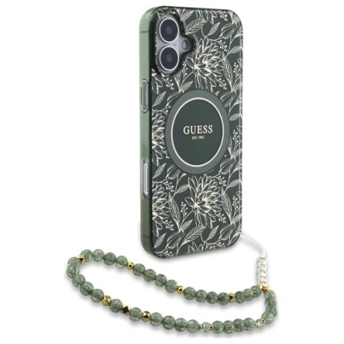 Etui Guess GUHMP16MHCPOFPA Apple iPhone 16 Plus hardcase IML Flowers Allover Electro With Pearl Strap MagSafe zielony/green