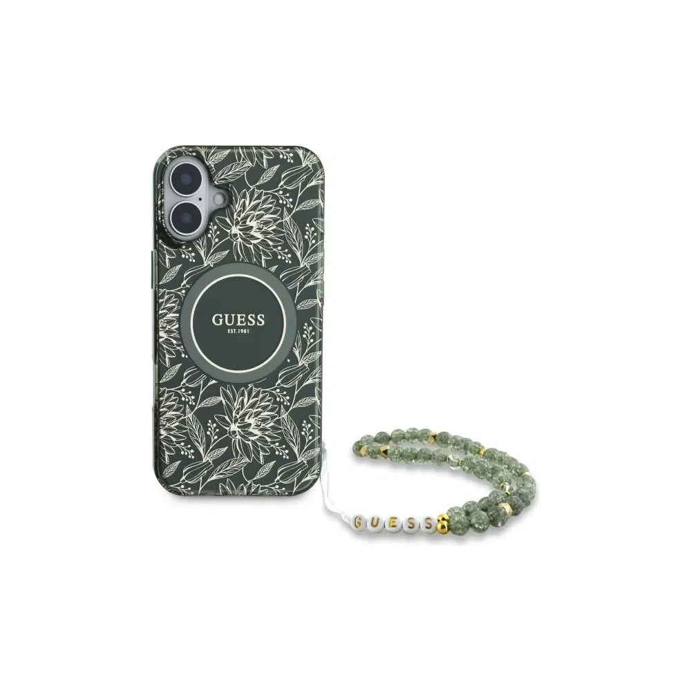 Hurtownia GSM - Guess GUHMP16SHCPOFPA Apple iPhone 16 Hardcase IML Blumen Allover Elektro mit Perlenriemen MagSafe grün - GUE3637 - {ean13} - Hurt