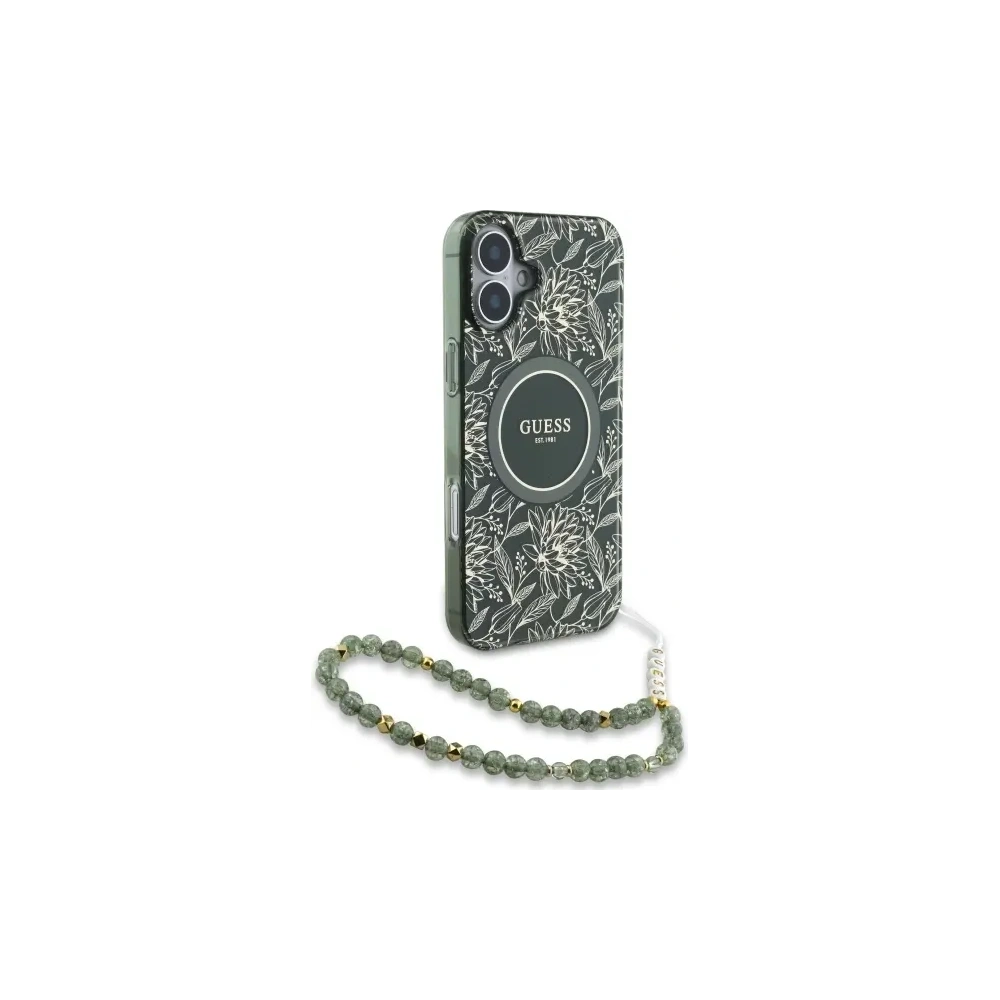 Hurtownia GSM - Guess GUHMP16SHCPOFPA Apple iPhone 16 Hardcase IML Blumen Allover Elektro mit Perlenriemen MagSafe grün - GUE3637 - {ean13} - Hurt