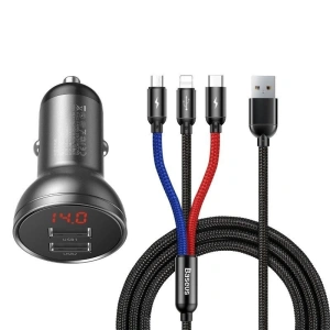 Wholesale Baseus Digital Display Dual USB 4.8A Car Charger 24W with Three Primary Colors 3-in-1 Cable USB 1.2M Black Suit Grey - BSU1139 - {ean13} - Hurt