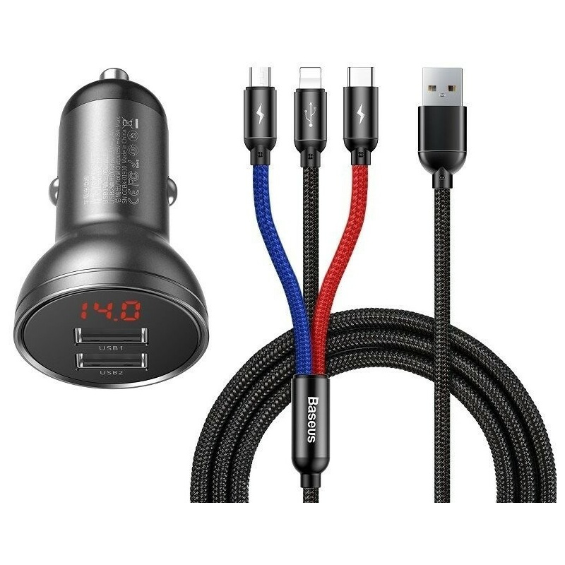 Baseus Distributor - 6953156215405 - BSU1139 - Baseus Digital Display Dual USB 4.8A Car Charger 24W with Three Primary Colors 3-in-1 Cable USB 1.2M Black Suit Grey - B2B homescreen