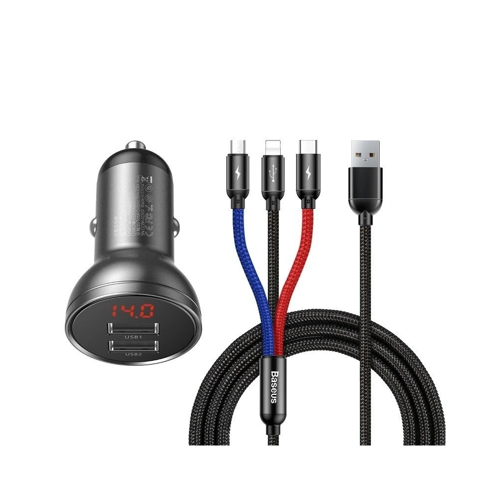 Hurtownia GSM - Ładowarka samochodowa Baseus z wyświetlaczem 24W + kabel USB 3w1 Baseus Three Primary Colors 1,2m - BSU1139 - {ean13} - Hurt