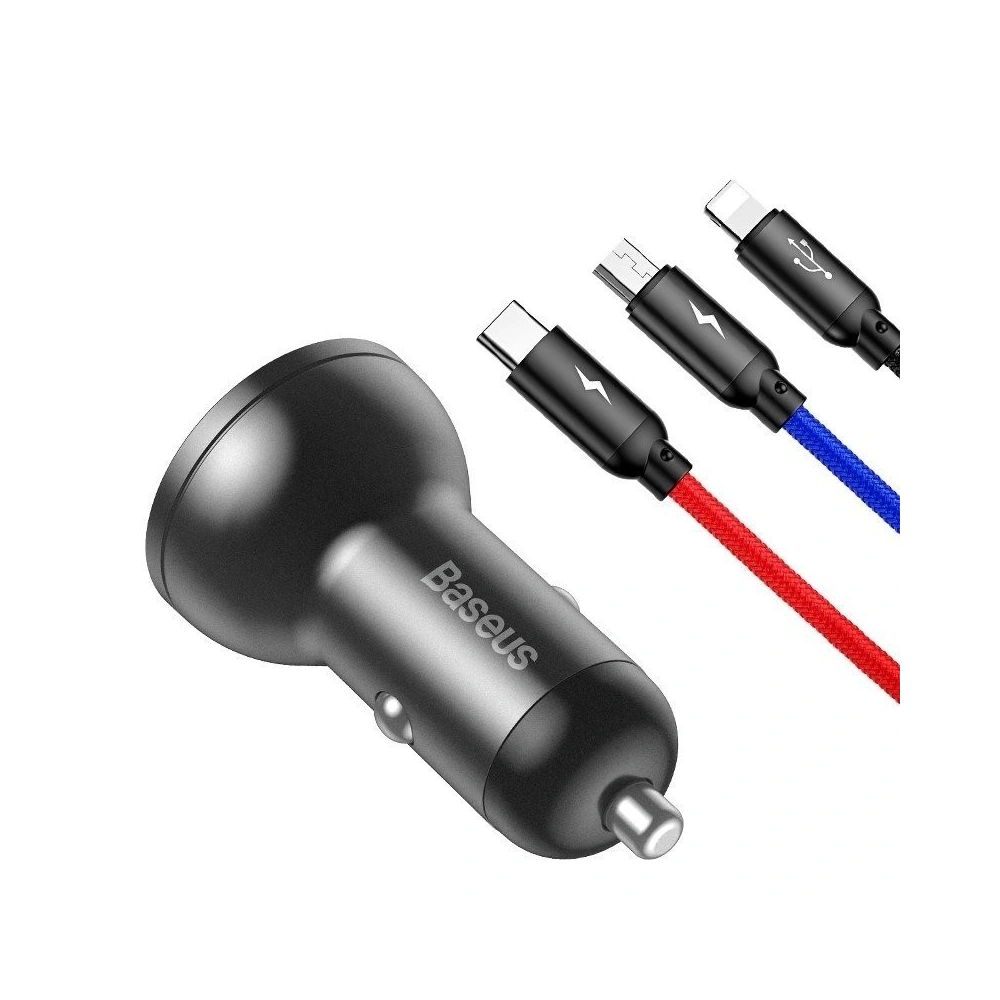 Hurtownia GSM - Ładowarka samochodowa Baseus z wyświetlaczem 24W + kabel USB 3w1 Baseus Three Primary Colors 1,2m - BSU1139 - {ean13} - Hurt