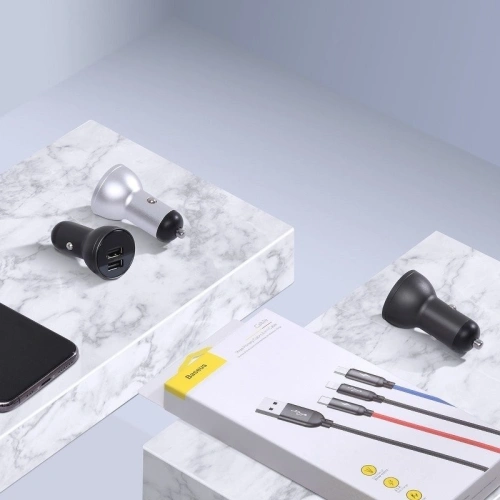 Ładowarka samochodowa Baseus z wyświetlaczem 24W + kabel USB 3w1 Baseus Three Primary Colors 1,2m