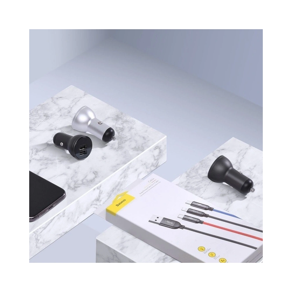 Hurtownia GSM - Ładowarka samochodowa Baseus z wyświetlaczem 24W + kabel USB 3w1 Baseus Three Primary Colors 1,2m - BSU1139 - {ean13} - Hurt