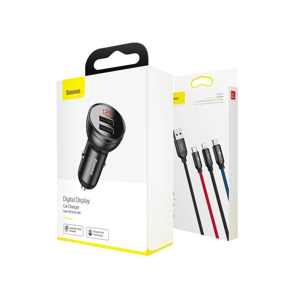 Hurtownia GSM - Ładowarka samochodowa Baseus z wyświetlaczem 24W + kabel USB 3w1 Baseus Three Primary Colors 1,2m - BSU1139 - {ean13} - Hurt