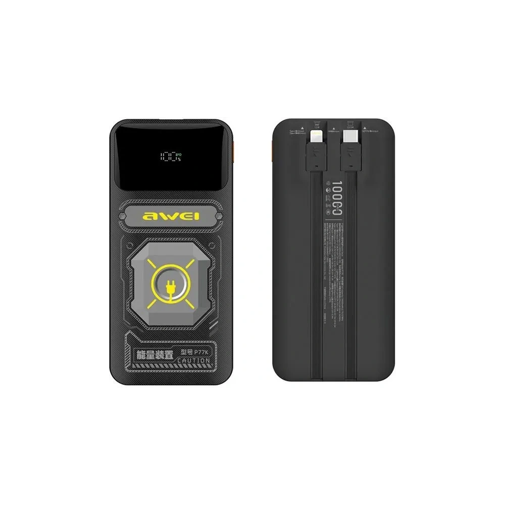 Hurtownia GSM - Powerbank AWEI P77K 10000mAh 22.5W s vestavěnými kabely Lightning, USB-C černý/black - AWEI228 - {ean13} - Hurt