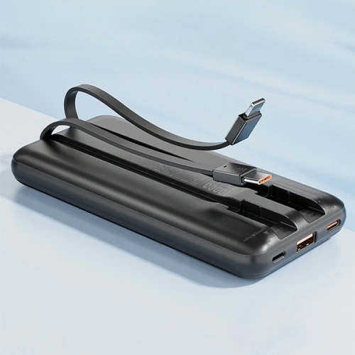 Powerbank AWEI P77K 10000mAh 22.5W z wbudowanym kablami Lightning, USB-C czarny/black