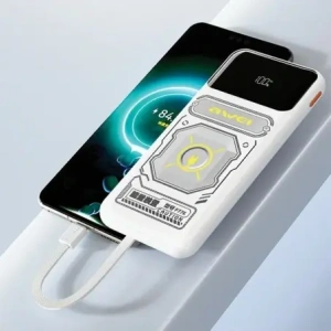 AWEI P77K 10000mAh 22.5W powerbank beépített Lightning és USB-C kábelekkel, fekete színben