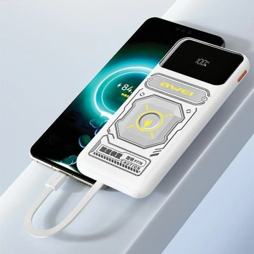 Powerbank AWEI P77K 10000mAh 22.5W z wbudowanym kablami Lightning, USB-C czarny/black