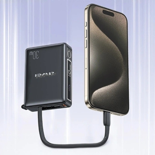 Powerbank AWEI P87K 10000mAh 30W z wbudowanym kablem USB-C czarny/black 