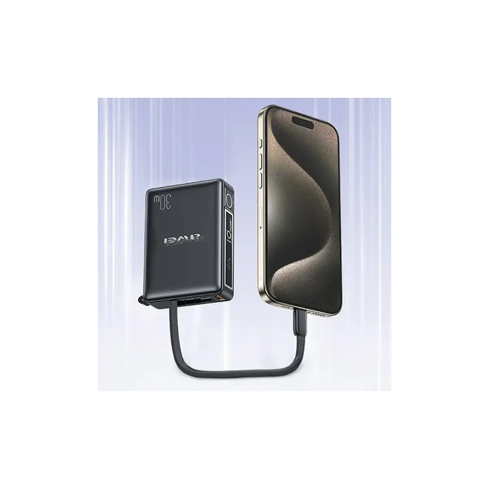Hurtownia GSM - AWEI P87K 10000mAh powerbank de 30W cu cablu USB-C încorporat, negru - AWEI229 - {ean13} - Hurt