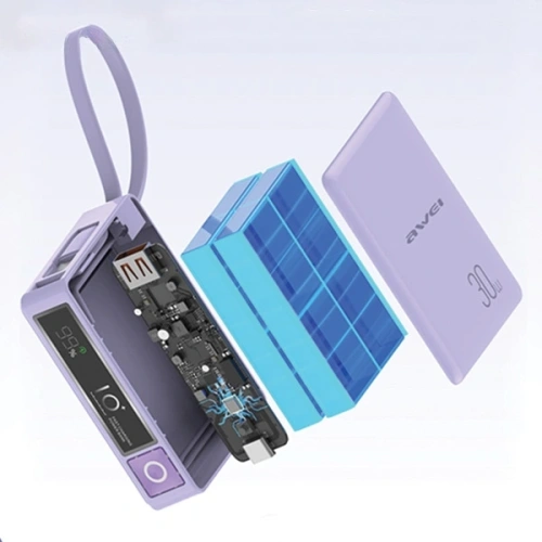 Powerbank AWEI P87K 10000mAh 30W z wbudowanym kablem USB-C czarny/black 