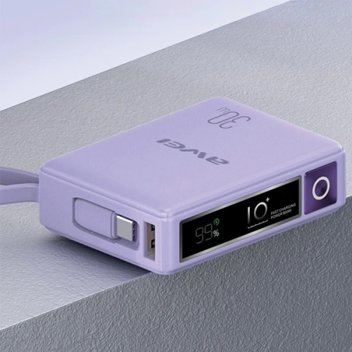 Powerbank AWEI P87K 10000mAh 30W z wbudowanym kablem USB-C czarny/black 