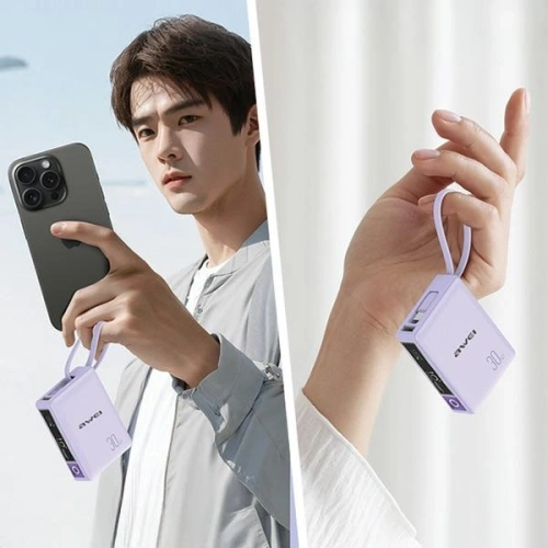 Powerbank AWEI P87K 10000mAh 30W z wbudowanym kablem USB-C czarny/black 