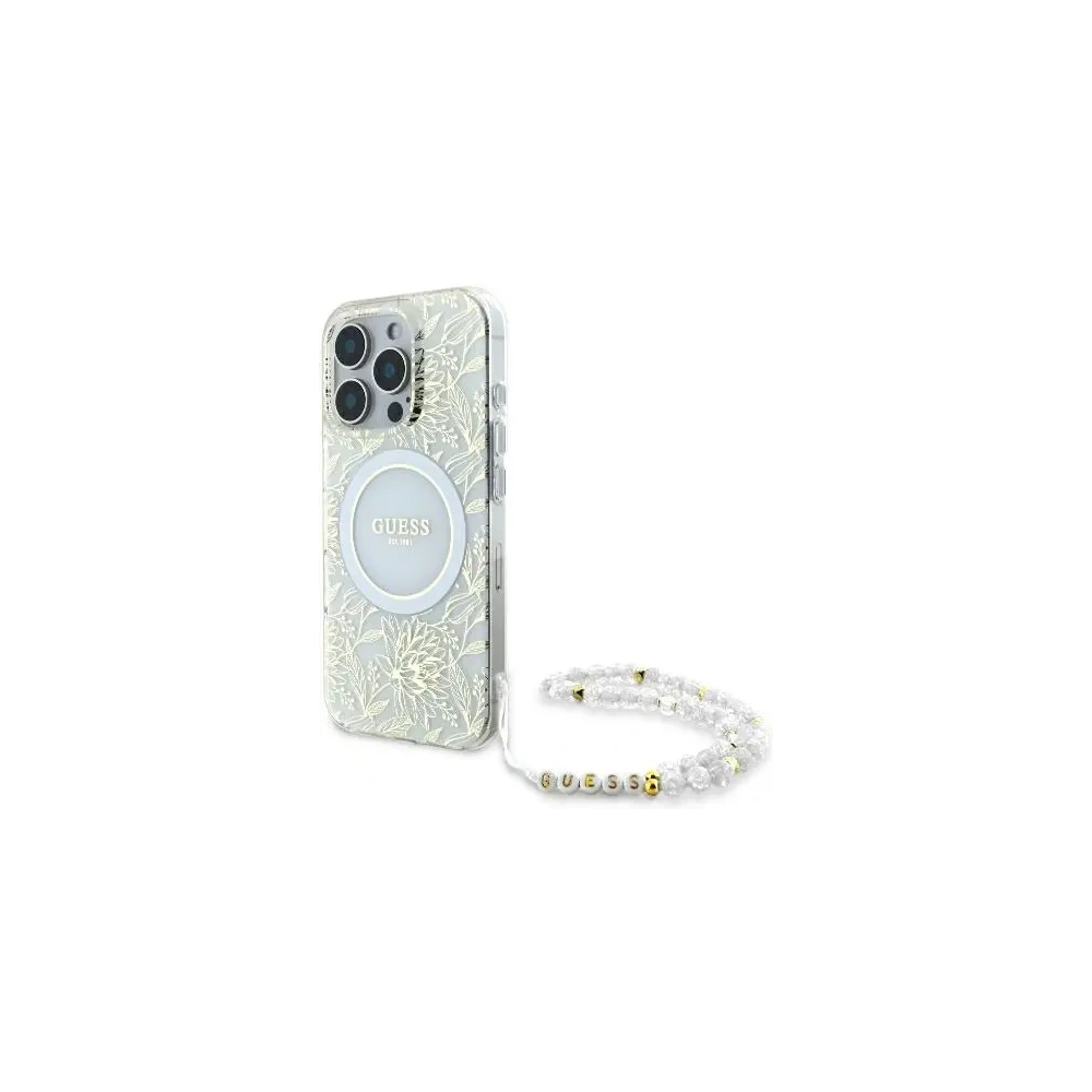 Hurtownia GSM - Etui Guess GUHMP16LHCPOFPH Apple iPhone 16 Pro hardcase IML Flowers Allover Electro With Pearl Strap MagSafe biały/white - GUE003947 - {ean13} - Hurt