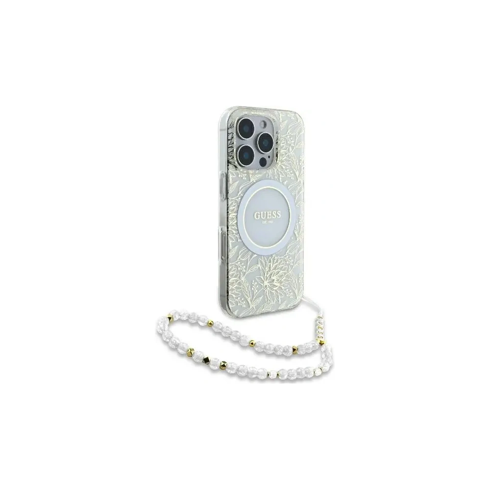 Hurtownia GSM - Etui Guess GUHMP16LHCPOFPH Apple iPhone 16 Pro hardcase IML Flowers Allover Electro With Pearl Strap MagSafe biały/white - GUE003947 - {ean13} - Hurt