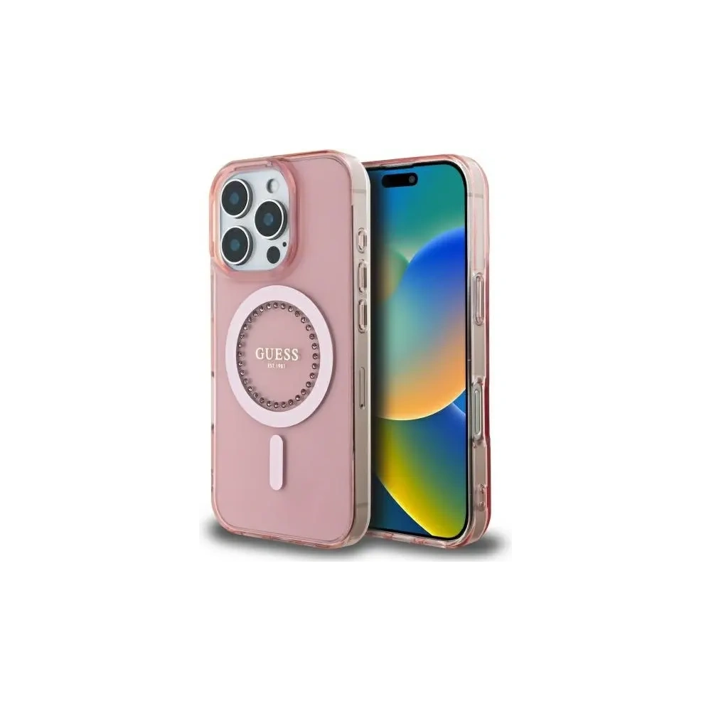 Wholesale Guess GUHMP16LPFTDTEP Apple iPhone 16 Pro hardcase IML Rhinestones MagSafe pink - GUE003978 - {ean13} - Hurt