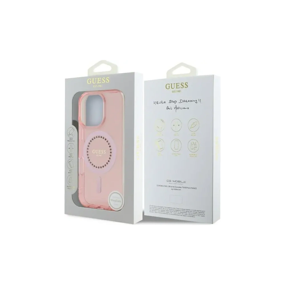 Wholesale Guess GUHMP16LPFTDTEP Apple iPhone 16 Pro hardcase IML Rhinestones MagSafe pink - GUE003978 - {ean13} - Hurt