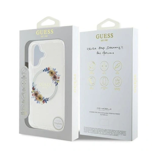 Etui Guess GUHMP16MHFWFCT Apple iPhone 16 Plus hardcase IML Flowers Wreath MagSafe przeźroczysty/transparent
