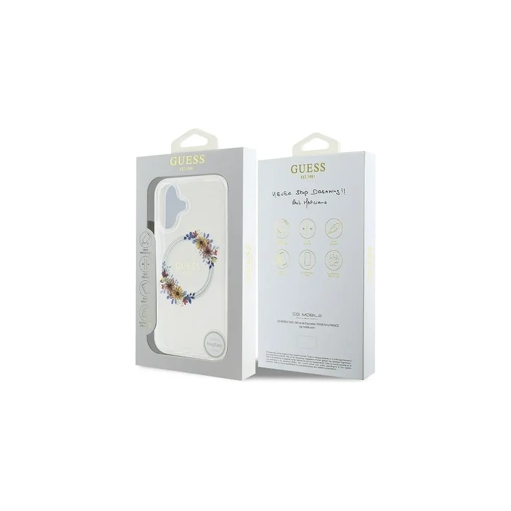 Wholesale Guess GUHMP16MHFWFCT Apple iPhone 16 Plus hardcase IML Flowers Wreath MagSafe transparent - GUE3638 - {ean13} - Hurt